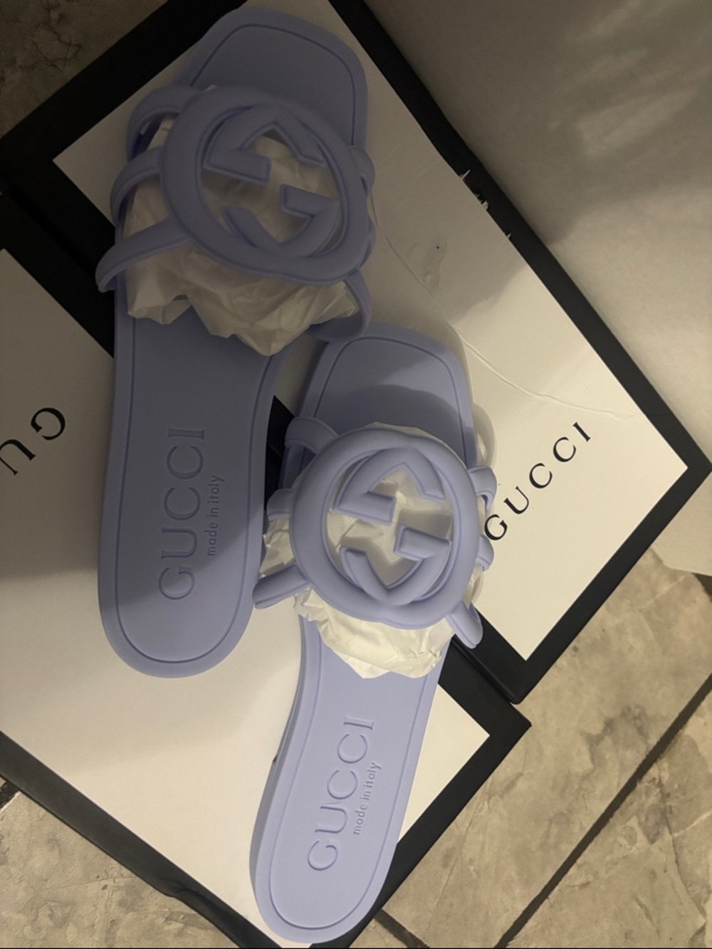 Gucci Lavender Rubber GG Slide Sandals for Women